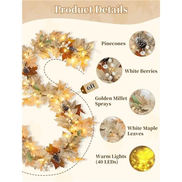 Fall Leaves Garland for Mantle: 6ft Fall Garland with 40 LED Lights - 8 modes - Picture 5 of 7